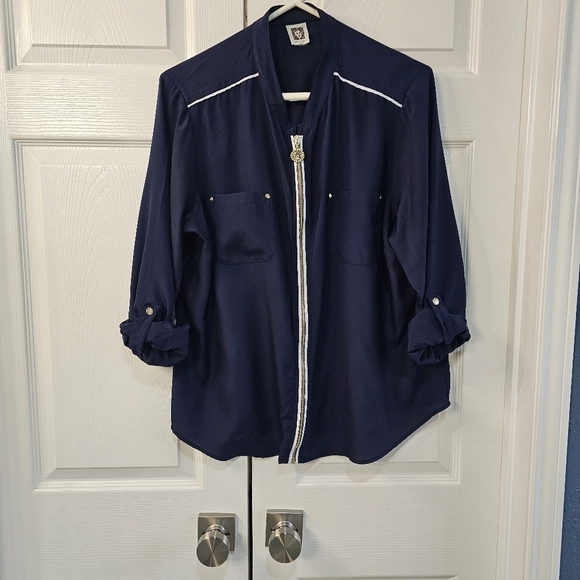 Anne Klein Navy Blue Blouse with White Trim gold Zipper Tabbed Sleeves Large - Picture 2 of 15